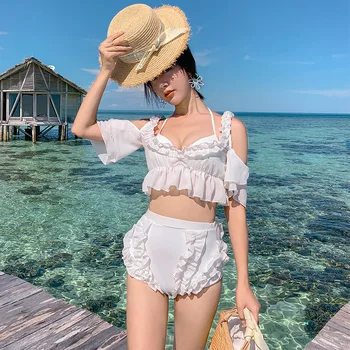

Saida De Praia Female 2019 Womens Bathing Suits Tankini Swimsuits Women Fused Three Piece Suit New Korean Sexy Pure White Bikini