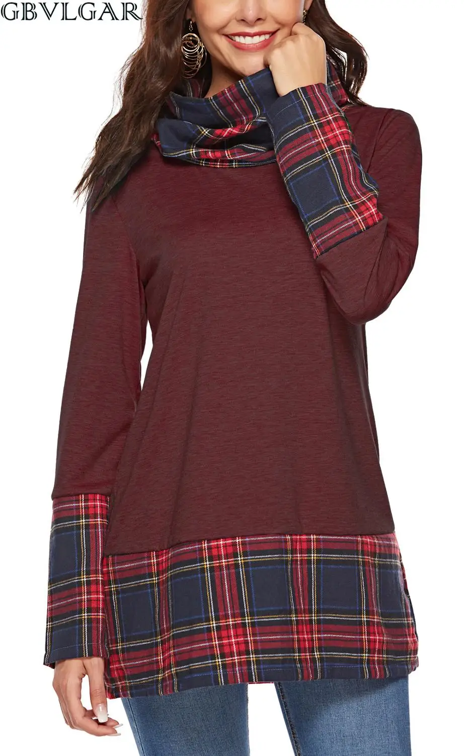 

2020 Spring Women Long Sleeve Turtleneck Gray Burgundy Plaid Print T-shirt Patchwork Long Pullover Tshirts Female Blusa Feminina