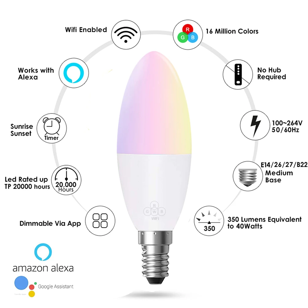 Смарт WiFi Свеча лампа E14/E27 RGB лампа поддержка Alexa/Google Home/IFTTT смарт-динамик Голосовое управление 6 Вт светодиодные лампы украшения