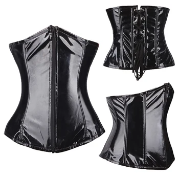 

Sexy Women PVC Underbust Corset Lace Up Back Waist Trainer Bustier Zipper Cincher Lingerie Top Plus Size Corselet
