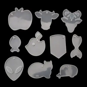 

10Pcs Keychain Pendant Resin Molds Aliens Cat Deer Apples Whale Fish Epoxy Mold Silicone Molds Jewelry Making