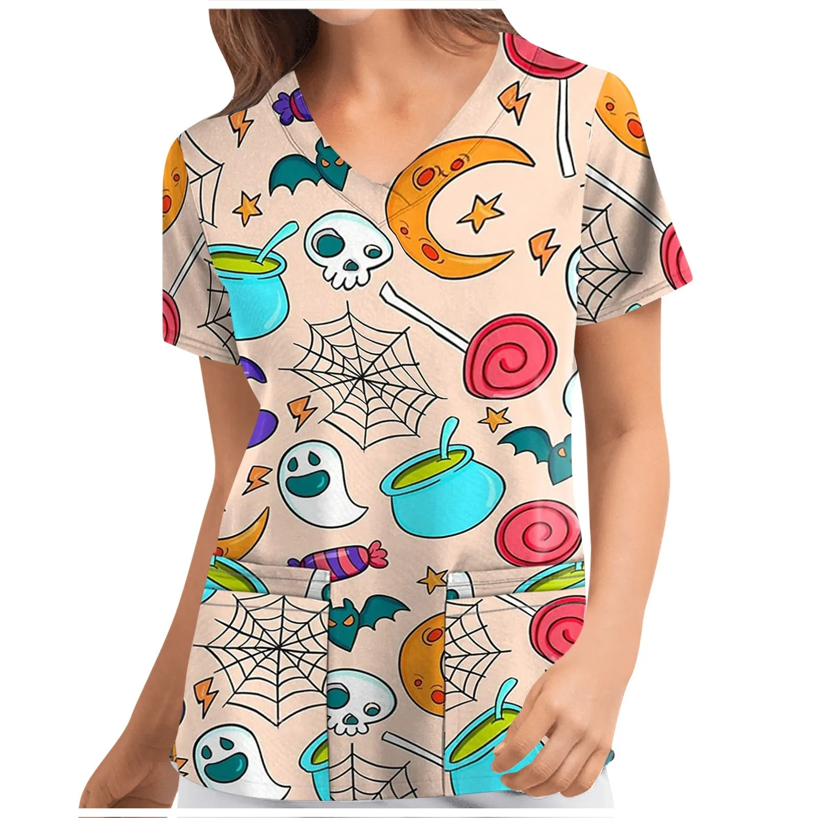 Halloween Print Nurse Uniforms Women Short Sleeve V neck Shirts Blouses