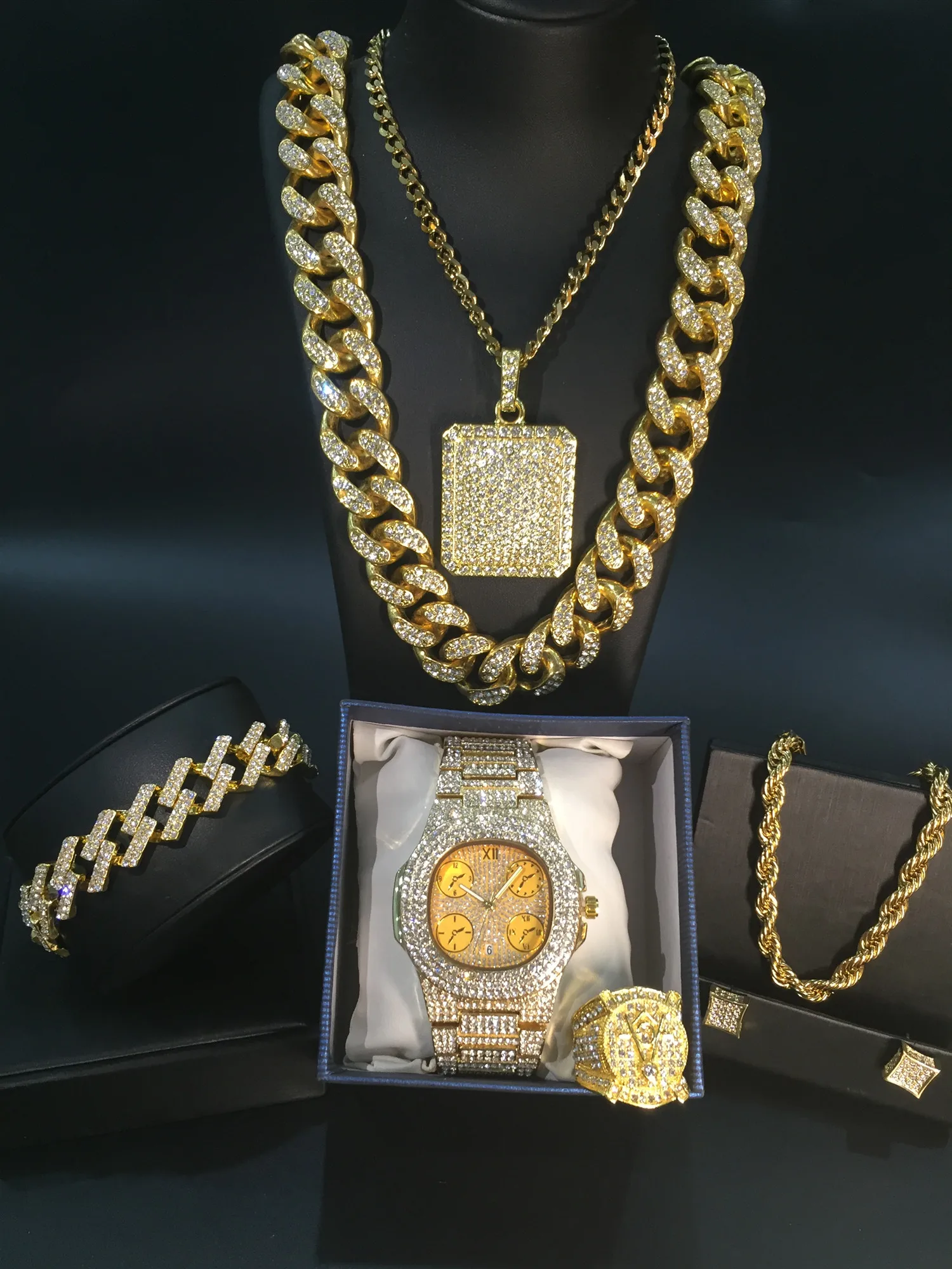 Luxury Men Gold Color Watch \u0026 Necklace 