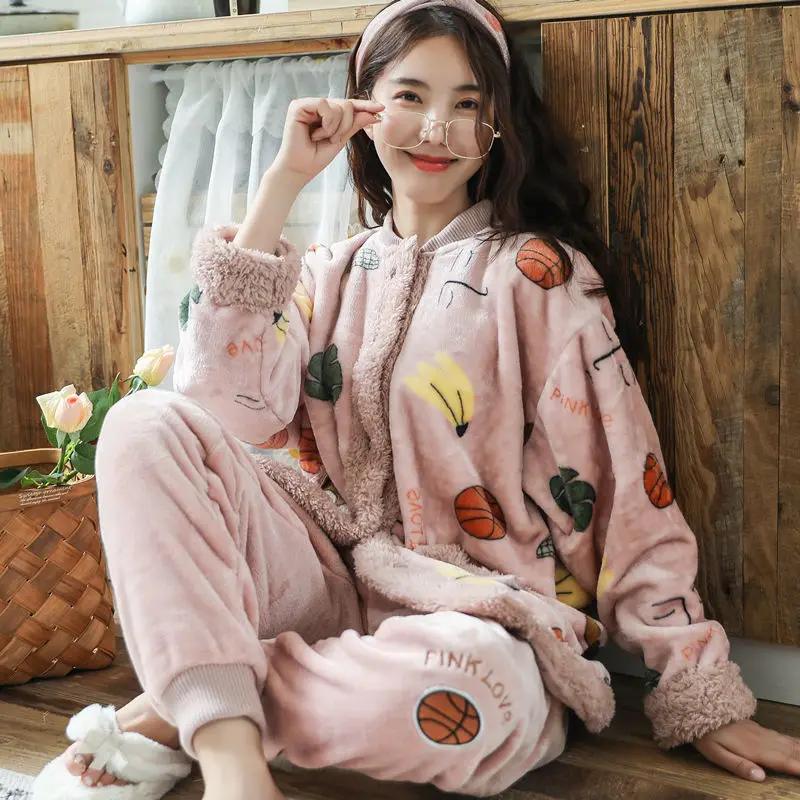 

New Autumn Warm Women Pajamas sets Sleepwear Flannel Long Sleeves Pajamas For Women Sleepwear Cute Animal Female Homewear