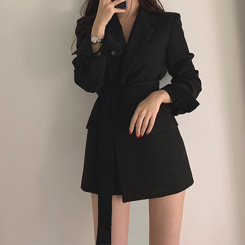 Женский приталенный Блейзер, куртка с поясом, черный, белый цвет, блейзеры для женщин, осенняя Офисная Женская куртка,, элегантная абрикосовая верхняя одежда