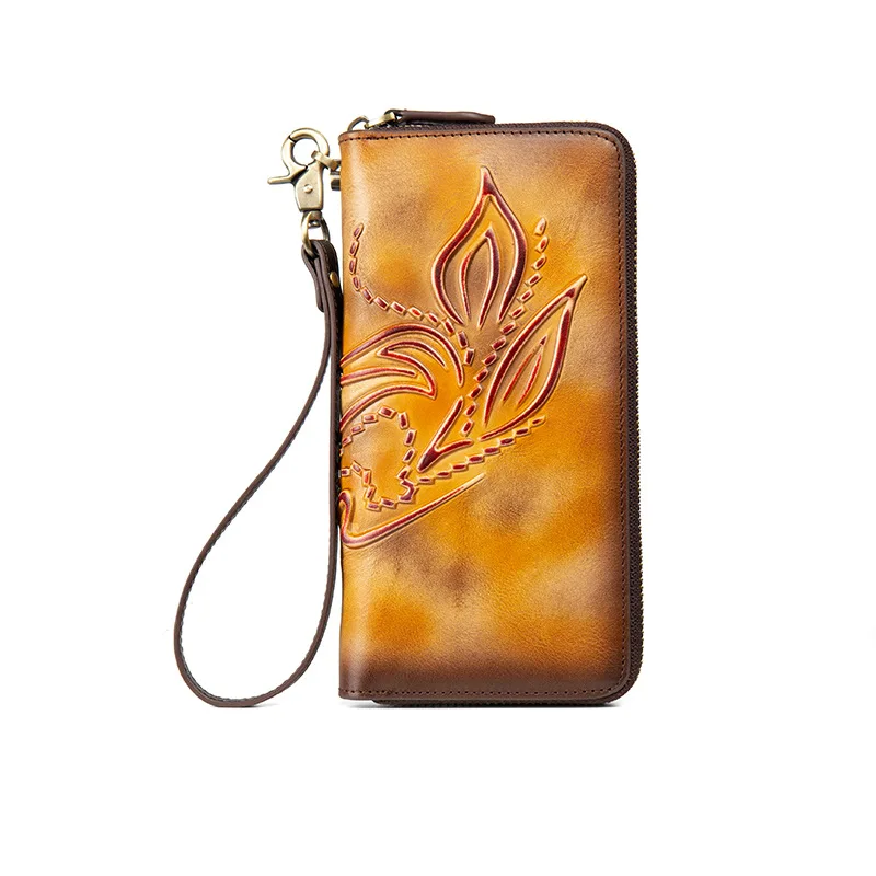 

Fashion Women Cowhide Long Wallet Purse Female Wrist Clutch Bags New Flower Pattern Multi-Cards Genuine Leather Zipper Handy Bag