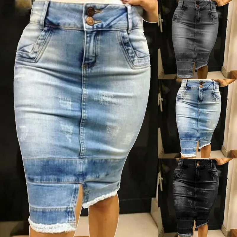 Autumn New Denim Skirt Women Button Jeans Skirts Femme High Waist Skirt Knee-Length Female Pencil Skirts Mujer