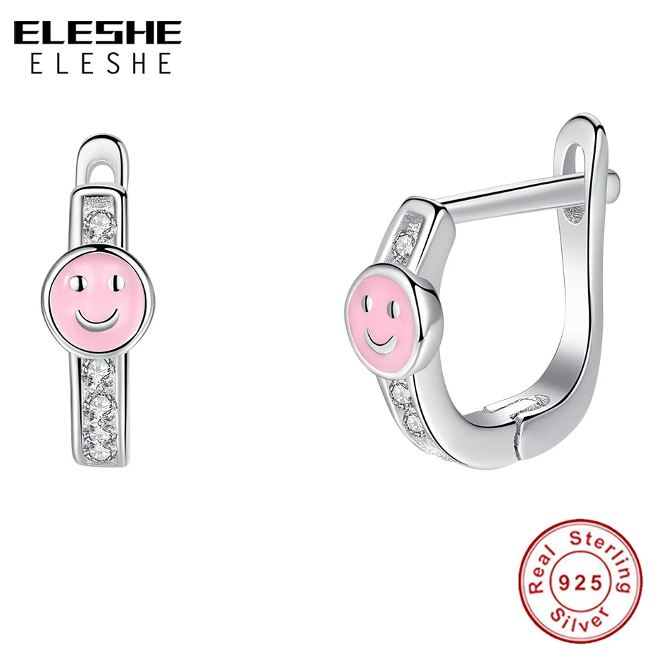 Pink Enamel Smile Face Children Earrings Authentic 925 Sterling Silver Clear CZ Hoop For Girls Kids Jewelry | Украшения и