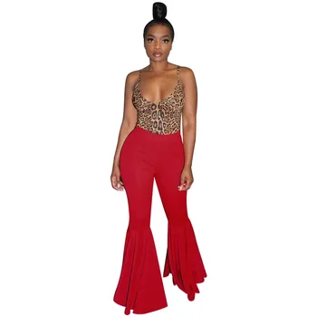 

Tsuretobe Plus Size Fashion Ruffle Flare Pants Wide Leg Women Colorful Bodycon Mid Waist Bell-Bottoms Pant Vintage Solid Trouser
