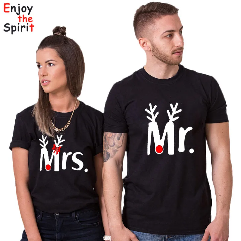 Рождественские футболки в тон для пары Mr and Mrs модная повседневная Рождественская