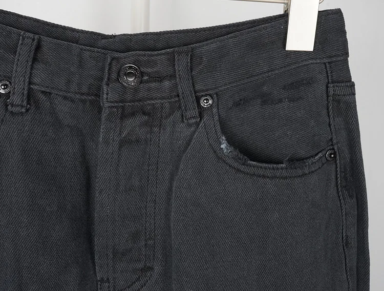 Женские модные темно-серые джинсовые джинсы с высокой талией и рваной деталью-женские длинные прямые брюки