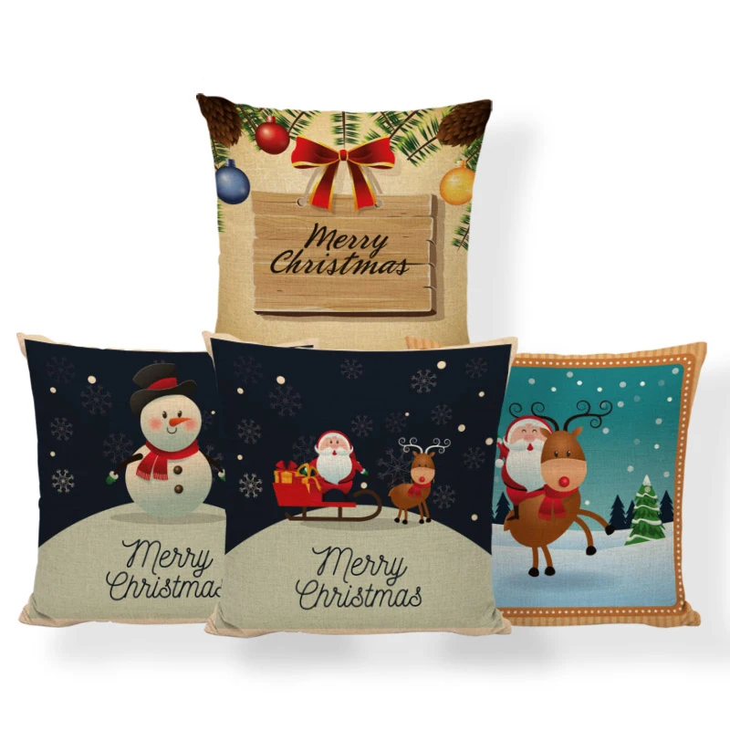 

Happy Cartoon Christmas Style Cushion Set Santa Deer Sleigh Sofa Decoration Pillowcase Snowman Gift Box Polyester Hemp Pillow
