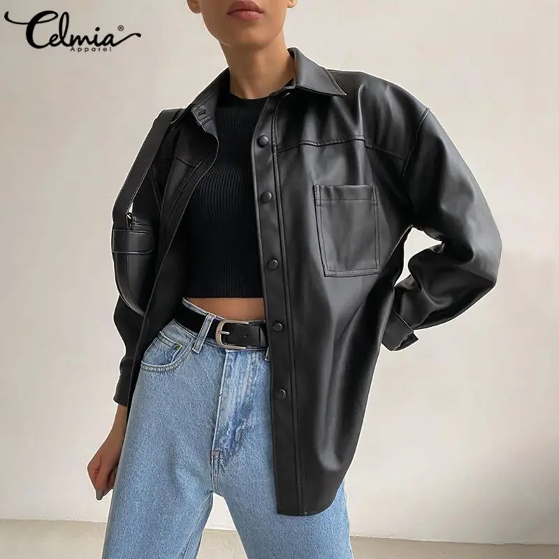 Women's Jacket 2021 Celmia PU Leather Jackets Vintage Party Long Sleeve Coats Autumn Buttons Lapel Casual Solid Work Outerwear
