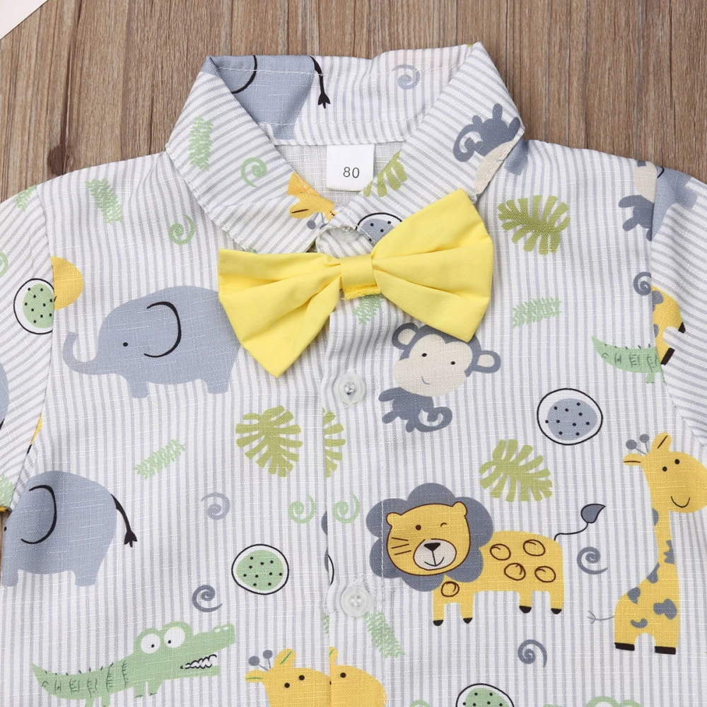 Модный летний костюм для маленьких мальчиков; галстук-бабочка для свадебной вечеринки; рубашка с принтом из мультфильма; шорты; брюки; одежда; 1-6Y