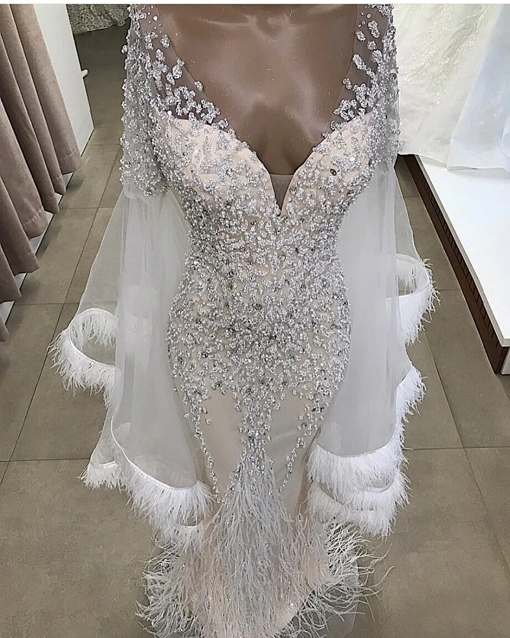 Robe De Soiree 2019 роскошное вечернее платье Русалочки с перьями Длинный Сексуальный v-образный вырез длинный рукав аппликация торжественное