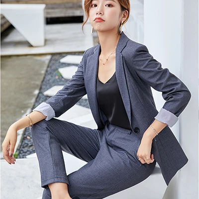 Gray Pant Suit Женские Брючные костюмы Модный корейский стиль Блейзер куртка и брюки новинка осень зима черный серый комплект из 2 предметов костюм для офиса леди - Цвет: Gray Pant Suit