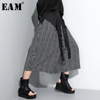 

[EAM] High Elastic Waist Black Striped Split Wide Leg Trousers New Loose Fit Pants Women Fashion Tide Spring Summer 2020 1U035