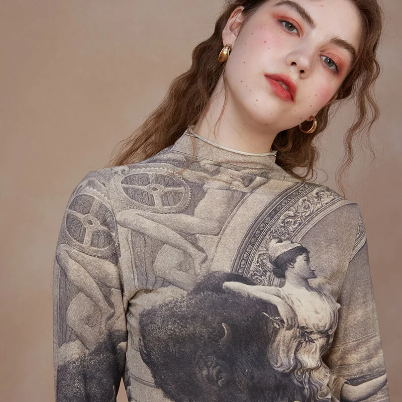 

Renaissance Retro Oil Painting Printing Mesh Ultra-Stretch Skin-Friendly Slim Bottoming Shirt for Women tops women 2020