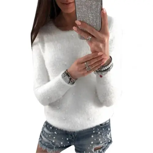 Осенне-зимний свитер для женщин, модные однотонные свитера с искусственным жемчугом и бусинами, плюшевый пуловер с длинным рукавом, теплый свитер для женщин - Цвет: Белый