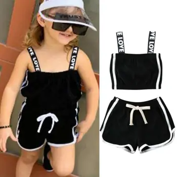 

2-7Y Infant Kids Baby Girl Kids Sunsuit Clothes Solid Color Sling Tops + Pants Outfits Tancksuit Clothes