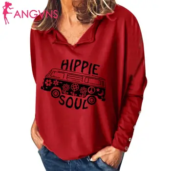 

Women Casual Top V-Neck Long Sleeve Spring,Autumn Print Button Lose Sweatshirts Pullover Regular Loose