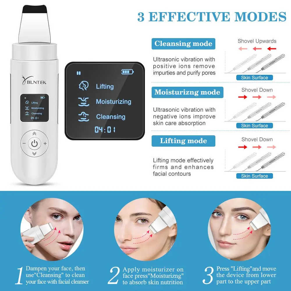 YBLNTEK Ultrasonic Skin Scrubber LED Facial Skin Scrubber Spatula Ultrasound Face Scraper Blackhead Remover Comedone Extractor 2