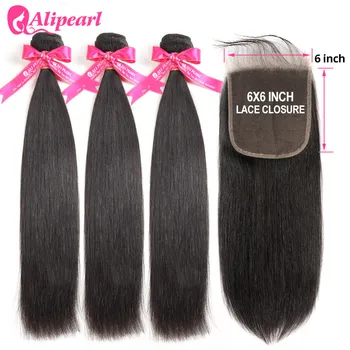 Straight Hair Bundles With 6x6 Closure Free Part Pre Plucked Peruvian Hair Weave Bundles Remy Hair