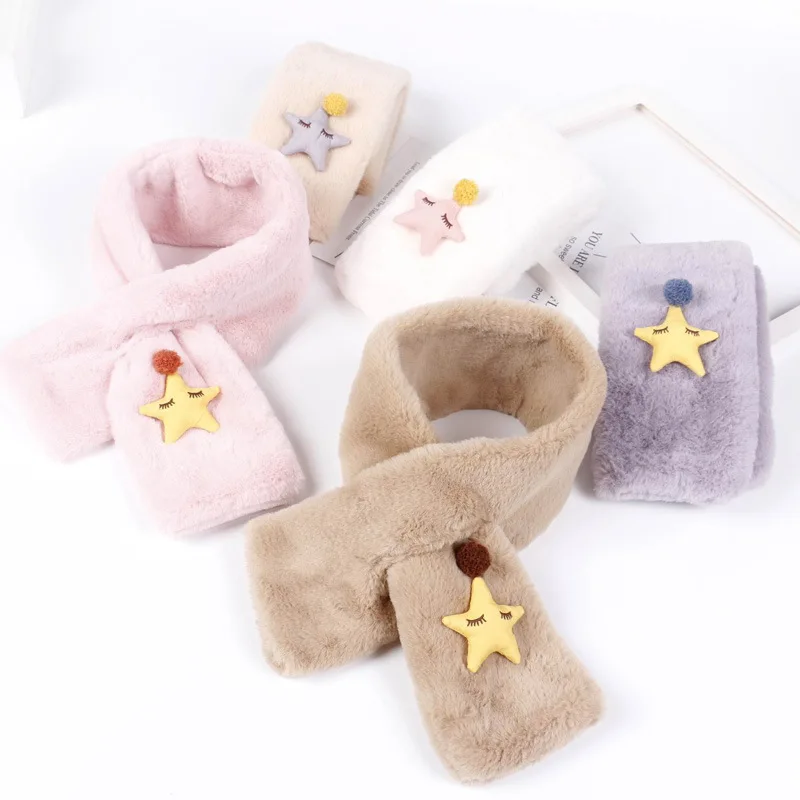 Scsech Winter Cross Thick Warm Cartoon Stars Scarves Wool Plush Faux Fur Collar For Kids Hair Collar Double-Sided Scarves HAC03 (2)