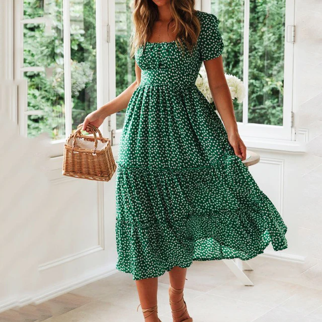 Vestidos Vintage Vintage Print Puff Sleeve summer Beach sweet dresses Casual Square collar floral maxi long dress 2019 festa 1