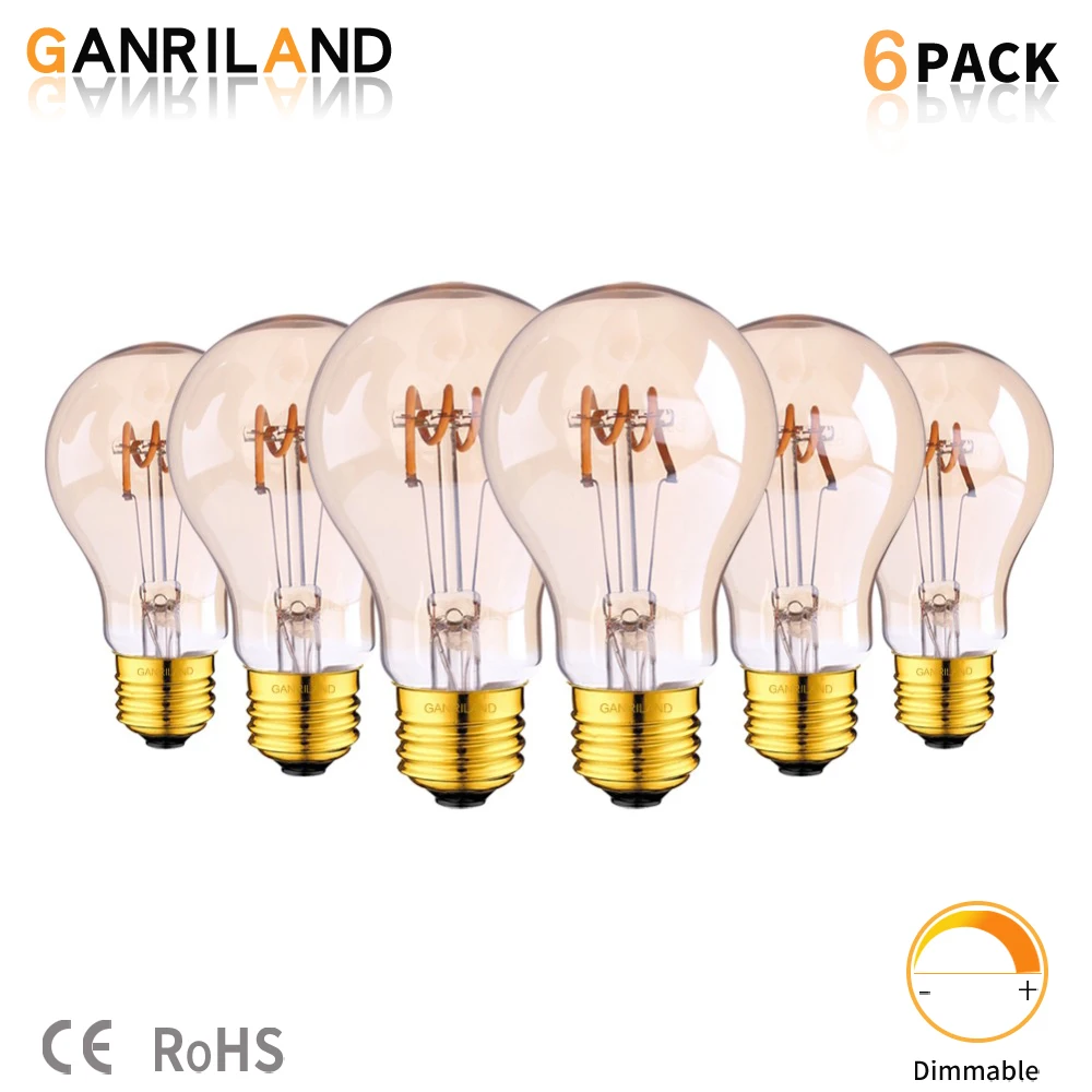 Ganriland 3W A19 Vintage Led Dimmble Globe Lamp Spiral LED Filament Light Bulbs 2200K Decorative Gold Tint Bubble Pendant Light