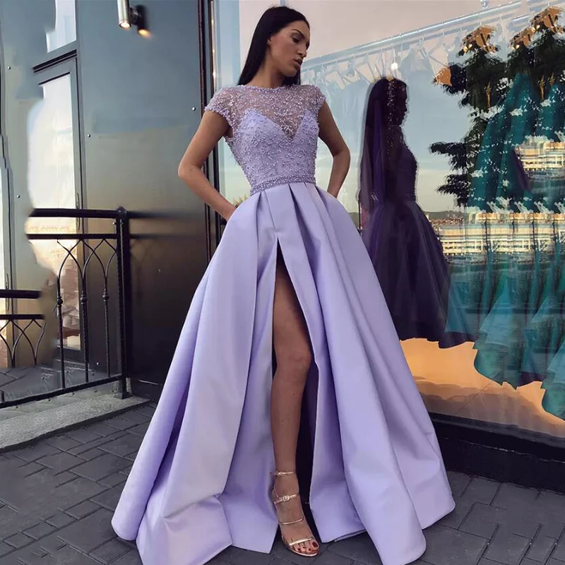 

Pearls Evening Dresses Satin Evening Gown with Split V Neck Prom Long Elegant Dresses For Plus Size Woman vestidos de formatura