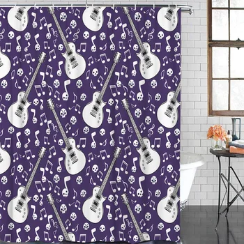 

Skull Head Musical Note Guitar Purple Background Bathroom Shower Curtain Modern Household Shower Curtain