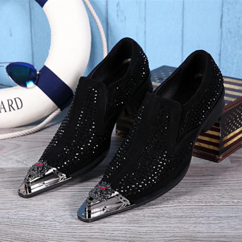 Zapatos de punta de hombre, calzado Formal de negocios con cristales fiesta, a la moda, de cuero de ante, con acabado brillante| formales| - AliExpress