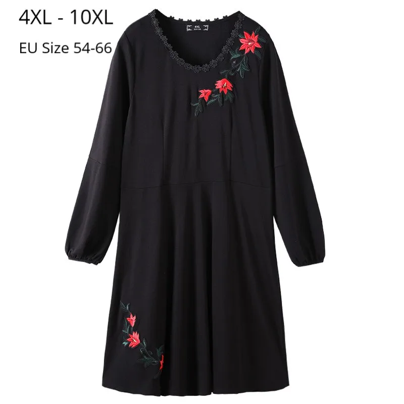 

Plus Size 10XL 8XL 6XL 4XL Women Long Sleeve Autumn Dress Female Vintage Black Color Elegand Flower Appliques Dress Slim Dresses