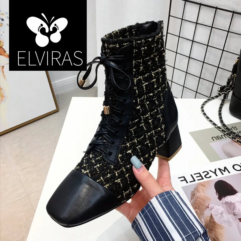 

ELVIRAS Ankle Boots For Women Bling Knit Splice PU Zip Square Toe Female Shoes Lace Up Square Low Heel Shoes Winter Autumn Boots