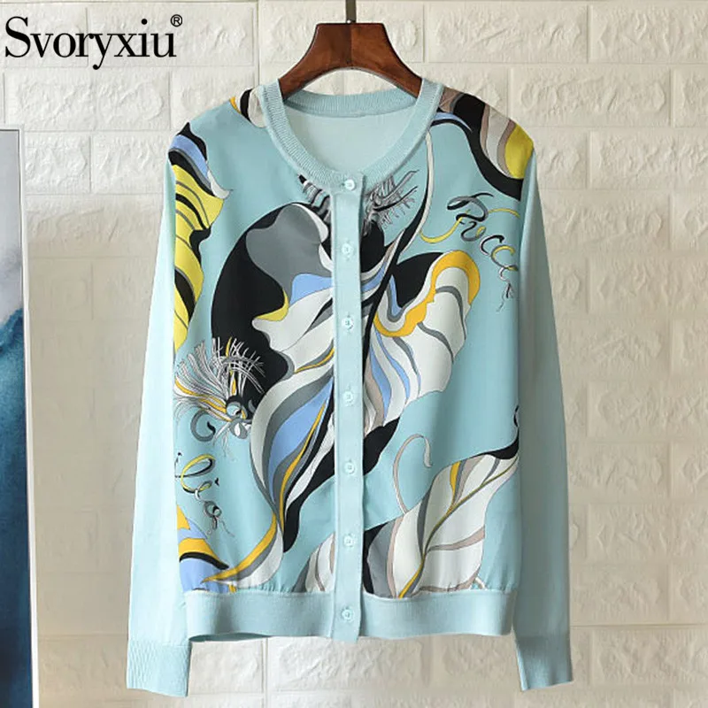 

Svoryxiu 2020 Designer Spring Summer Knitting Cardigan Women's Colorful Silk Print Patchwork Thin Sweater Cardigan Coat