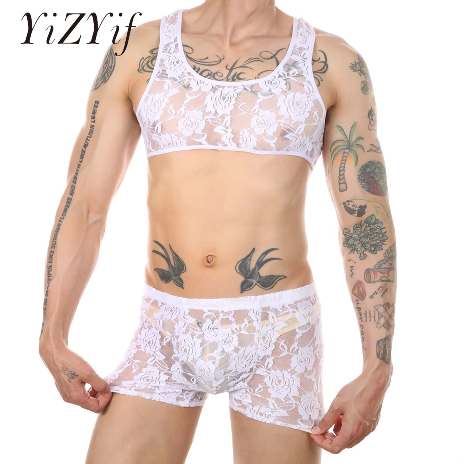 Conjunto erótico de encaje transparente para hombre, conjunto de lencería Crossdresser Sissy, trajes patrón de flores, Top corto sin mangas con pantalones lencería| - AliExpress