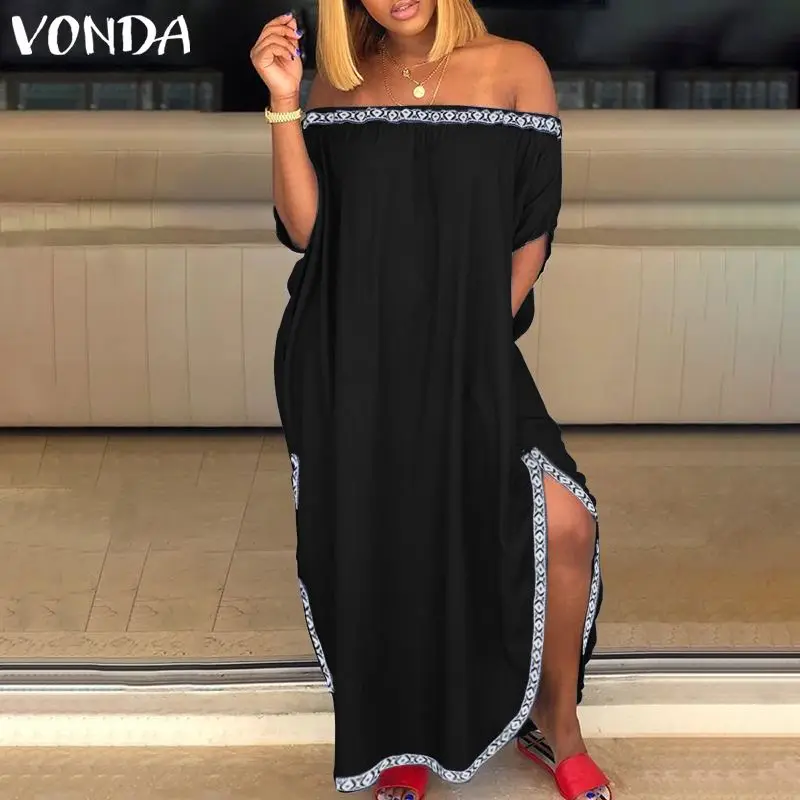 Модное платье с разрезом VONDA, сексуальные платья макси с открытыми плечами размера плюс, богемные платья, свободные вечерние платья, женское S-5XL