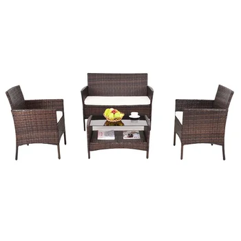 

4 pcs Modern Outdoor Furniture Garden Patio Rattan Table and Chair With Shelf and Sofa Set Living Room HW54777