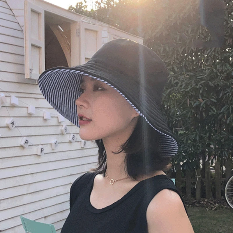 Dames bucket hat gestreept met brede rand opvouwbare zonbescherming_voghion.com
