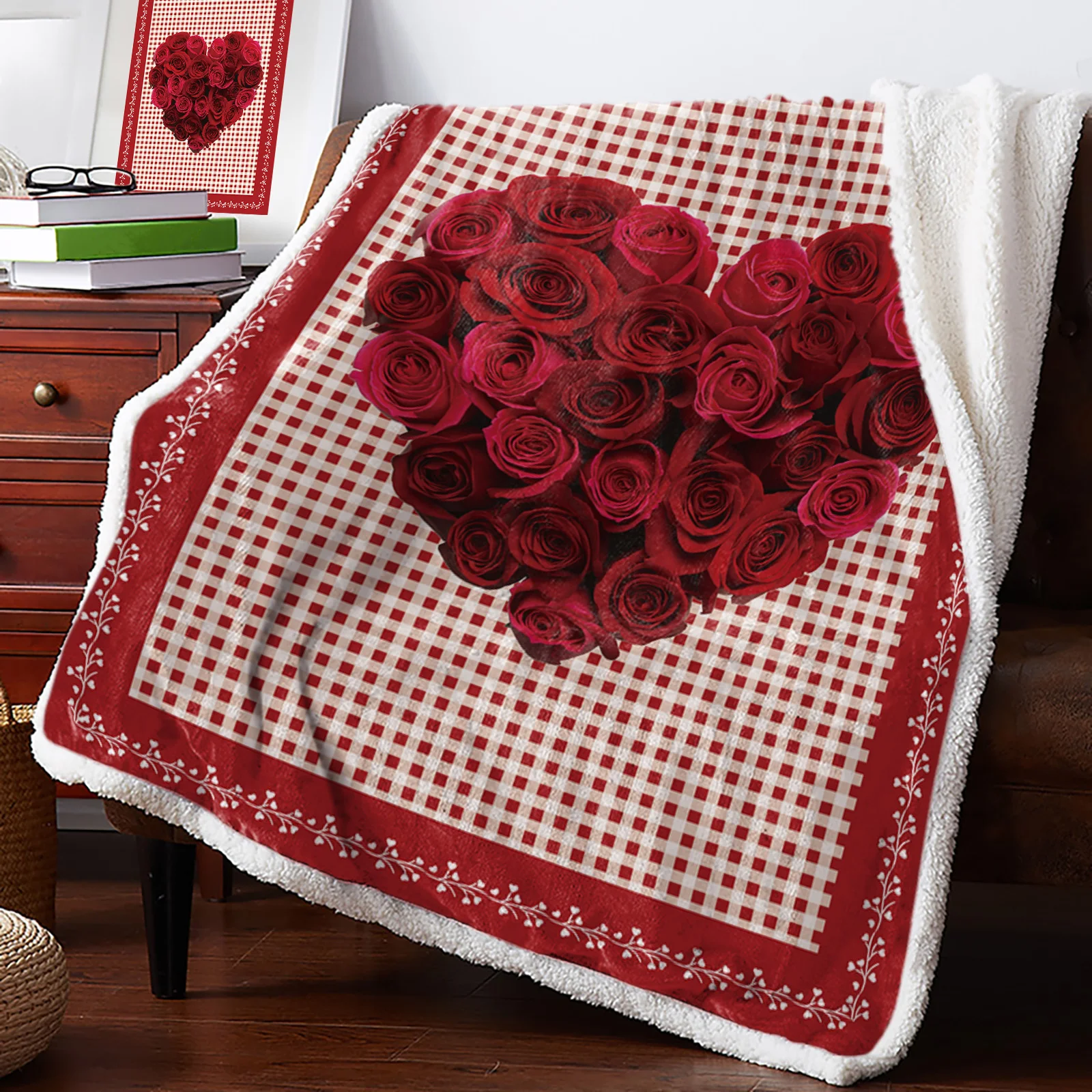 Winter Cashmere Blanket Valentine'S Day Love Rose Plaid Lamb Flannel