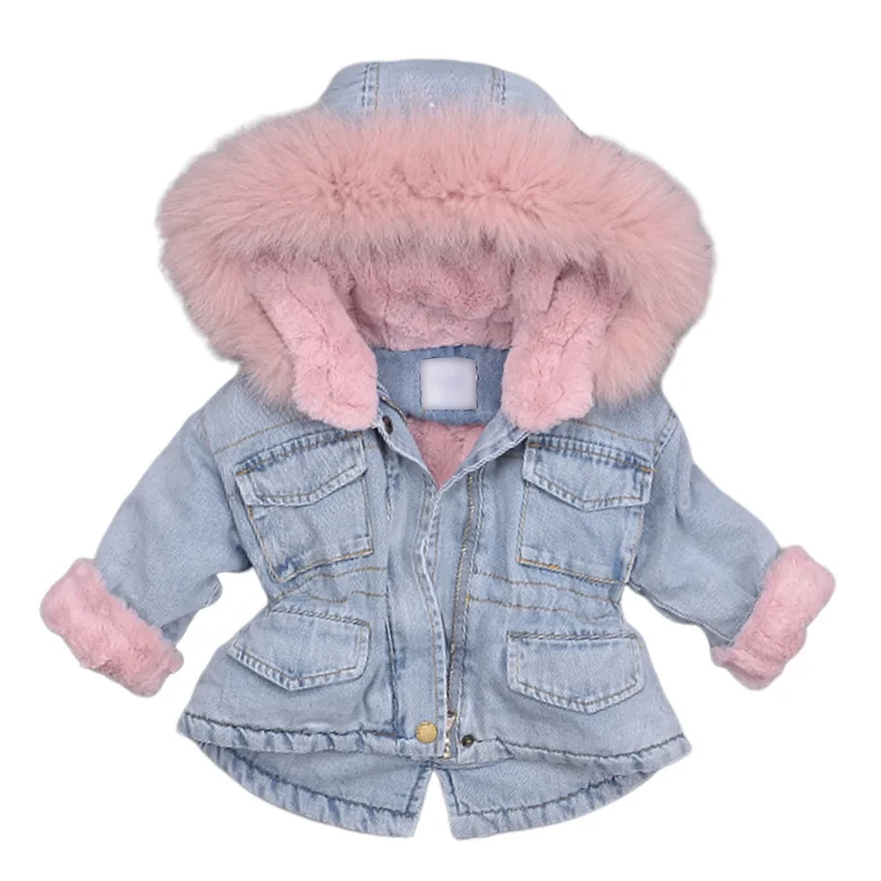 Girls Winter Coats New Children Denim Jacket Plus Velvet Real Fur Warm Toddler Girl Outerwear Coat Baby Winter Girl Parka