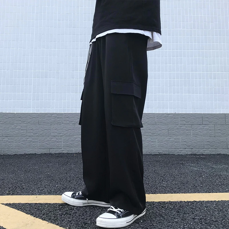 Casual Pants Men Pockets Plus Size 3XL Wide Leg Elastic Waist Mens Loose Harajuku Ulzzang Korean Style Streetwear Fashion Chic