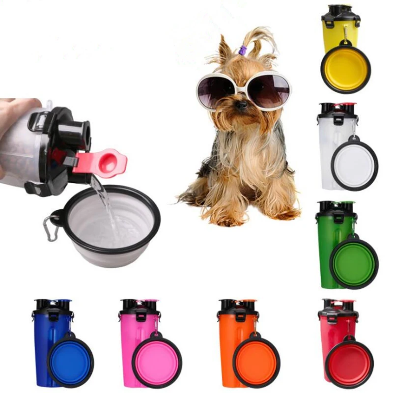 

2 in 1 Portable Pet Food Water Container Folding Silicone Pet Bowls Fold-able Water Bottle Dog Bowl Travel Walking Food Drinking
