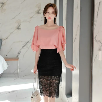 

2020 Summer Office Lady 2 Piece Set Women Elegant Ruffles Pink Blouse Top + High Waist Black Lace Pencil Skirt Suits Outfits