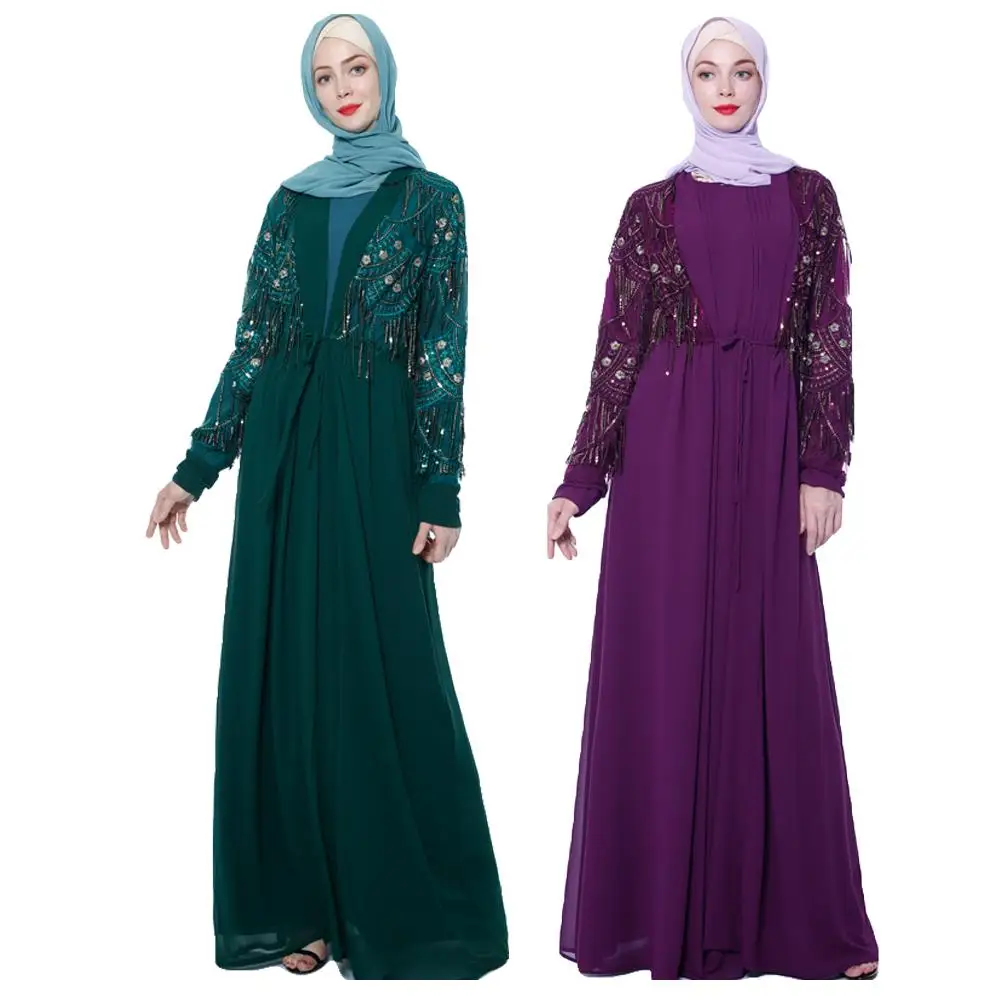 Открытое abaya блесток кафтан кисточкой длинное мусульманское платье Макси