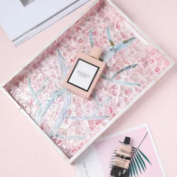 

Luxury Art Wood Pink Color Shell Storage Tray Fruit Food Tea Cup Home Storage Box Jewelry Necklace Display Tray Home Decoration
