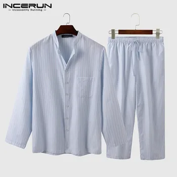 

Fashion Men Striped Pajamas Sets Long Sleeve Button Nightwear Loose Pants Leisure Pyjamas Mens Sleepwear Sets Homewear INCERUN