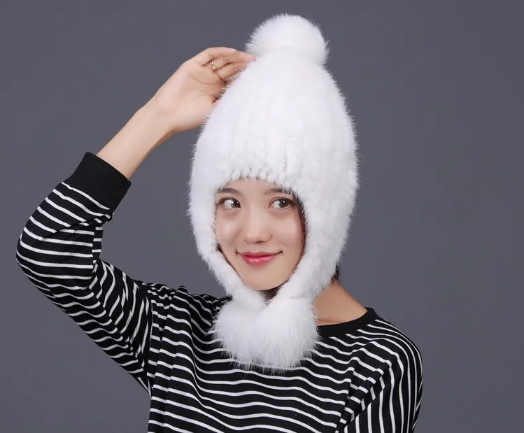 white Женские вязаные шапки из меха норки, наушники с мехом лисы, роскошные Осенние Теплые женские шапки в полоску с натуральным ананасом, зимняя шапка - Цвет: white