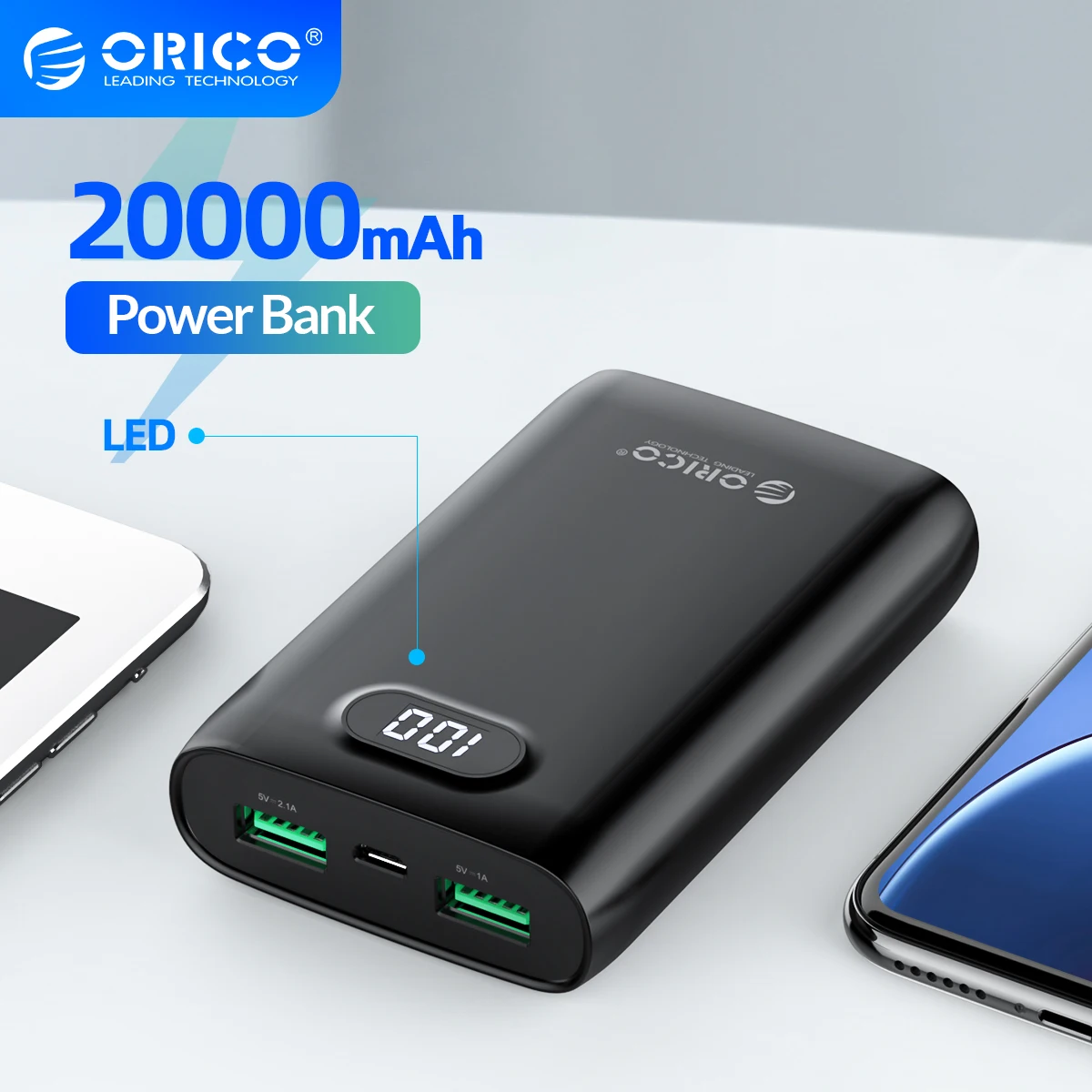 ORICO-cargador portátil de 10000mAh, batería externa LED de carga rápida para iPhone y Xiaomi